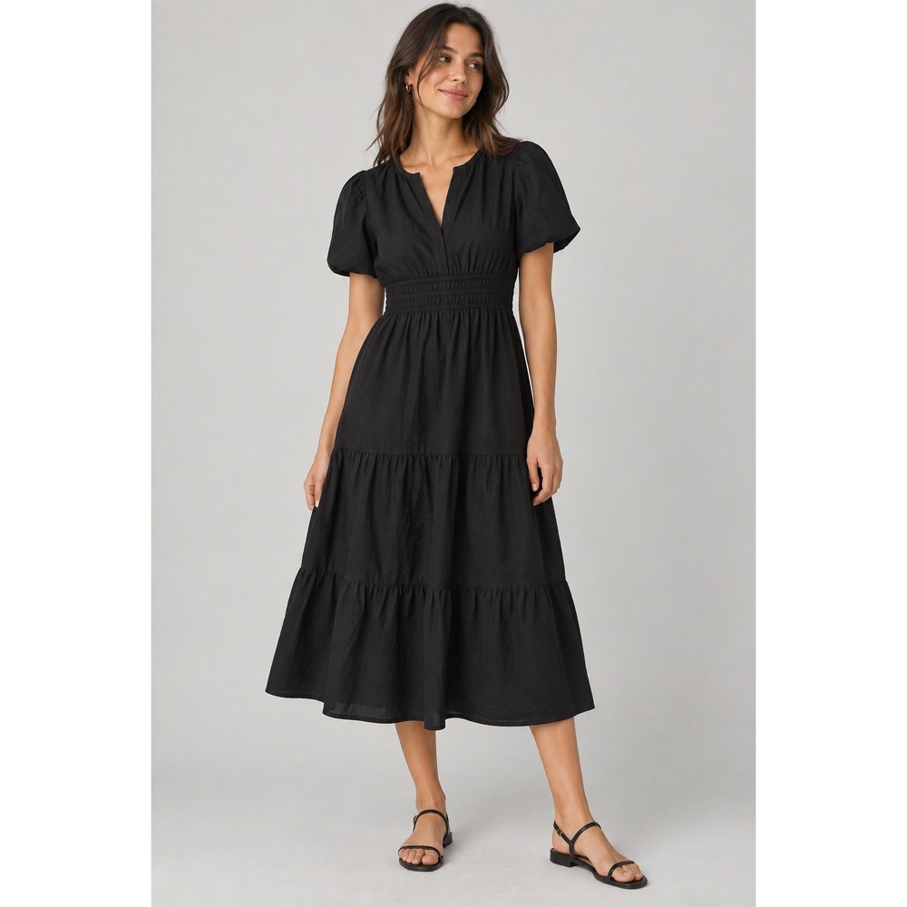 Quince Black Cotton Poplin Tiered Maxi Dress Smocked Waist Puff Sleeve Medium
